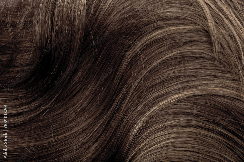 Brown hair close-up as a background. Women's long brown hair. Beautifully styled wavy shiny curls. Hair coloring. Hairdressing procedures, extension. Brown hair close-up as a background. Women's long brown hair. Beautifully styled wavy shiny curls. Hair coloring. Hairdressing procedures, extension.