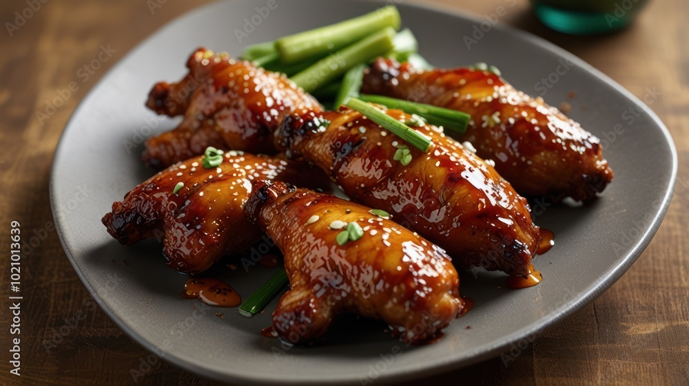Glazed chicken wings with green onions on a gray plate. Glazed chicken wings with green onions on a gray plate.