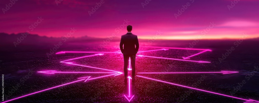 Person standing in front of a complex diagram with arrows pointing in different directions, main keyword Critical Decision, concept Complex Choices Person standing in front of a complex diagram with arrows pointing in different directions, main keyword Critical Decision, concept Complex Choices