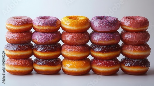 a tempting display of glossy colorful donuts stacked artfully against a crisp white background showcasing their delicious toppings and inviting textures