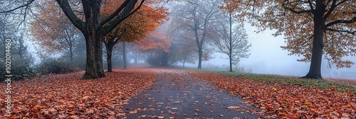 An enchanting misty path enveloped by autumn trees, where the haze creates a mysterious and alluring atmosphere ideal for introspection and exploration. photo