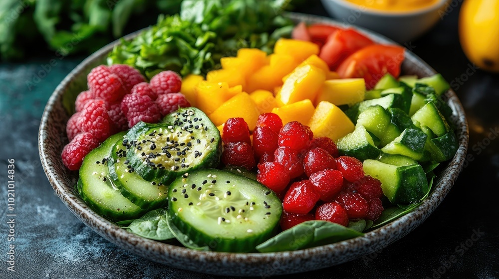 A colorful veggie wrap filled with spinach, bell peppers, cucumbers, and hummus, served with a side of fresh fruit and a drizzle of tahini A colorful veggie wrap filled with spinach, bell peppers, cucumbers, and hummus, served with a side of fresh fruit and a drizzle of tahini