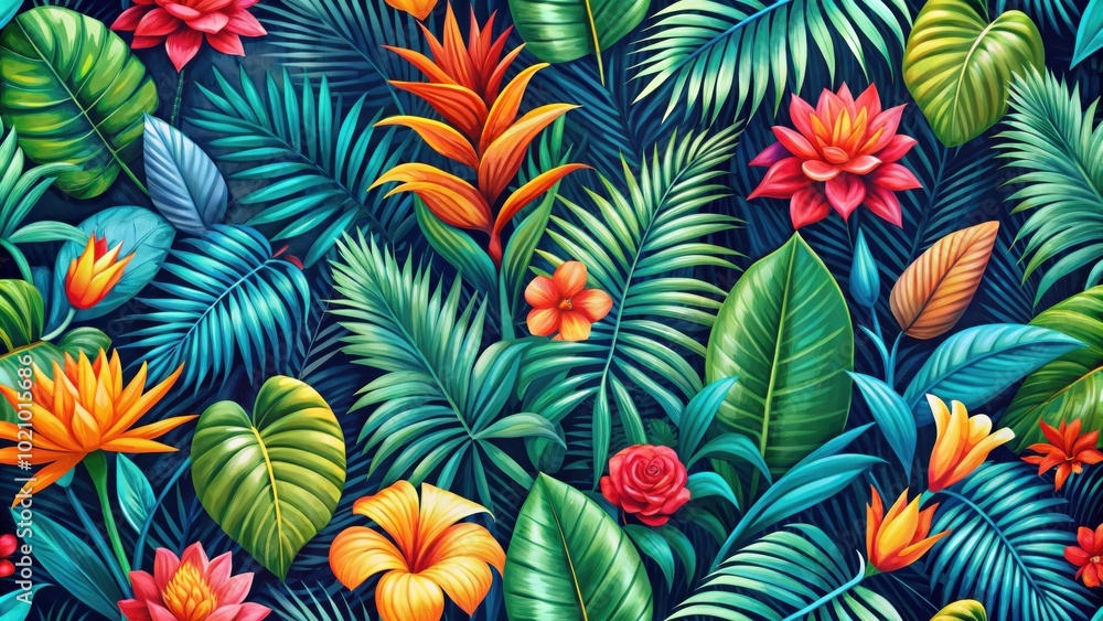 Vibrant Tropical Floral Pattern with Lush Green Foliage Vibrant Tropical Floral Pattern with Lush Green Foliage