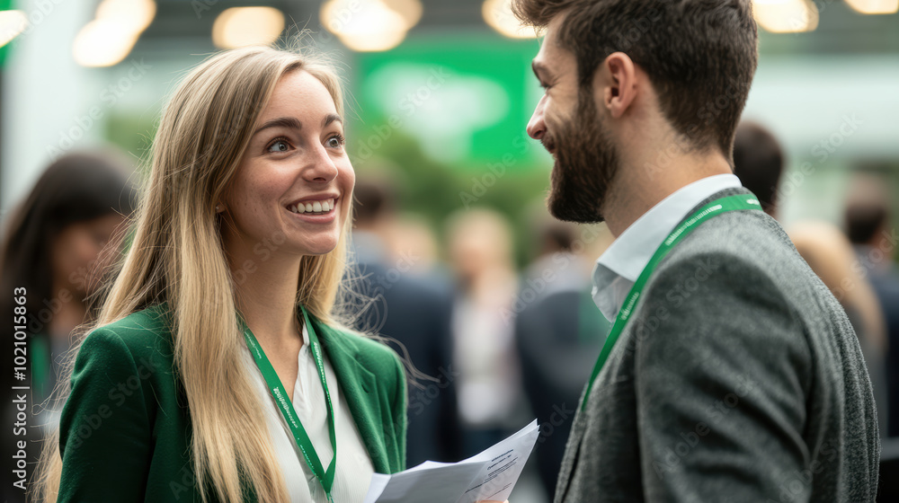 A business professional exchanges ideas with a peer at a corporate event, forming connections. The event’s green atmosphere promotes collaboration and relationship building. A business professional exchanges ideas with a peer at a corporate event, forming connections. The event’s green atmosphere promotes collaboration and relationship building.