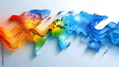 A colorful world map with abstract waves, representing global connectivity and diversity. photo