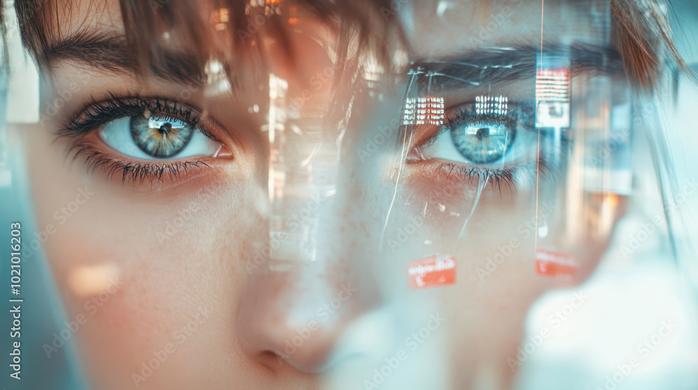 Close up of person with striking blue eyes reflecting vibrant cityscape, showcasing blend of emotions and urban life. gaze captures curiosity and wonder Close up of person with striking blue eyes reflecting vibrant cityscape, showcasing blend of emotions and urban life. gaze captures curiosity and wonder