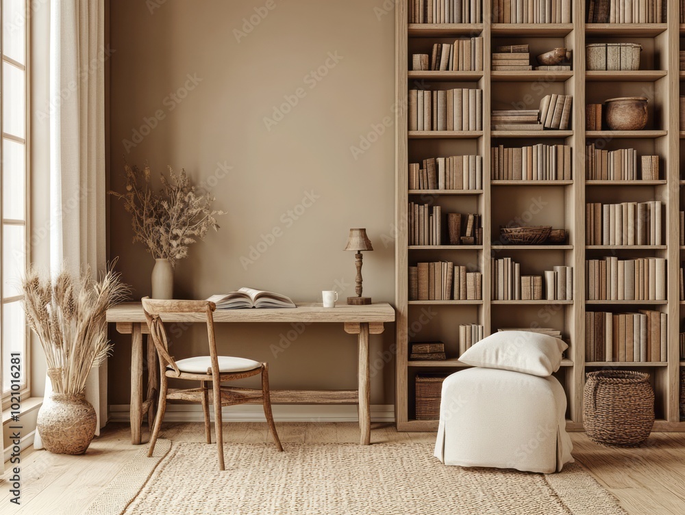 Calming library space with walls painted in muted brown and shelving in soft beige Calming library space with walls painted in muted brown and shelving in soft beige