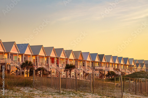 Row of beach houses at sunrise on St. George Island, a barrier island off the Florida Panhandle, late in October, for motifs of autumn, vacation, the Gulf Coast