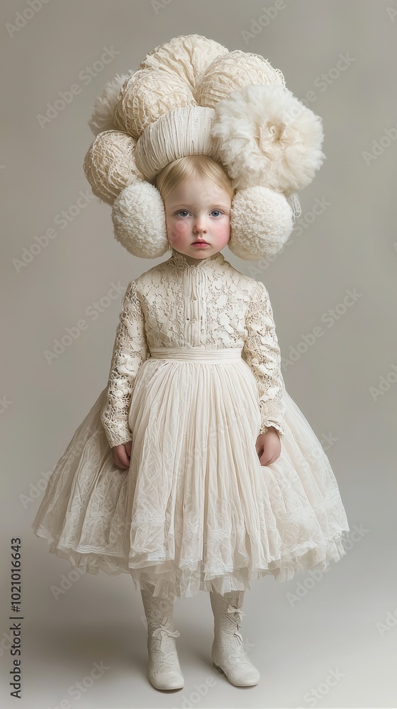 A little girl wearing a white dress and a fluffy hat A little girl wearing a white dress and a fluffy hat