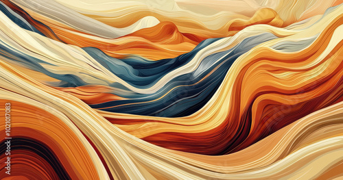 This image depicts a vibrant abstract landscape, featuring flowing lines and textures in warm shades of orange and beige, creating a sense of motion and depth.