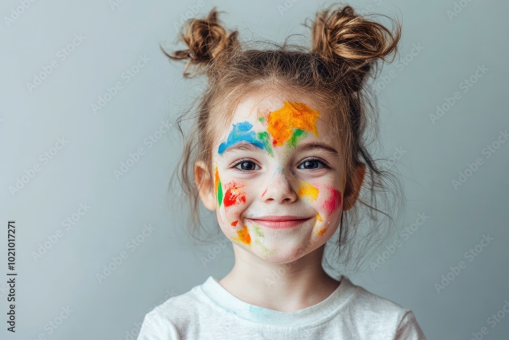 Cute funny child with paint on face smiling against grey studio wall background background. Helloween on birthday party with animators concept with generative ai Cute funny child with paint on face smiling against grey studio wall background background. Helloween on birthday party with animators concept with generative ai