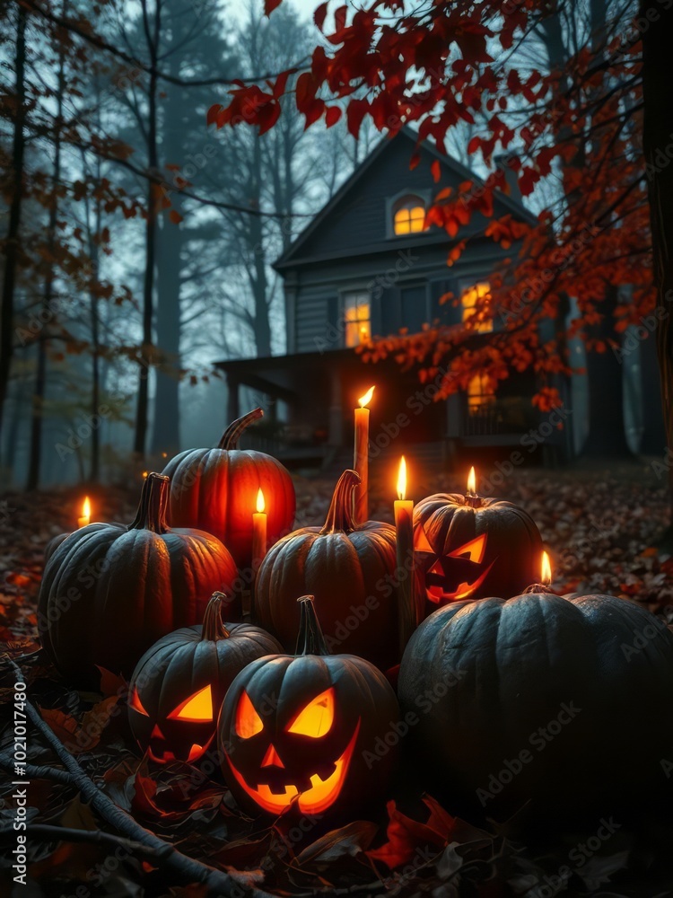 Scary halloween pumpkins with burning candles in autumn leaves in the forest against the backdrop of a scary house vertical wallpaper halloween backdrop