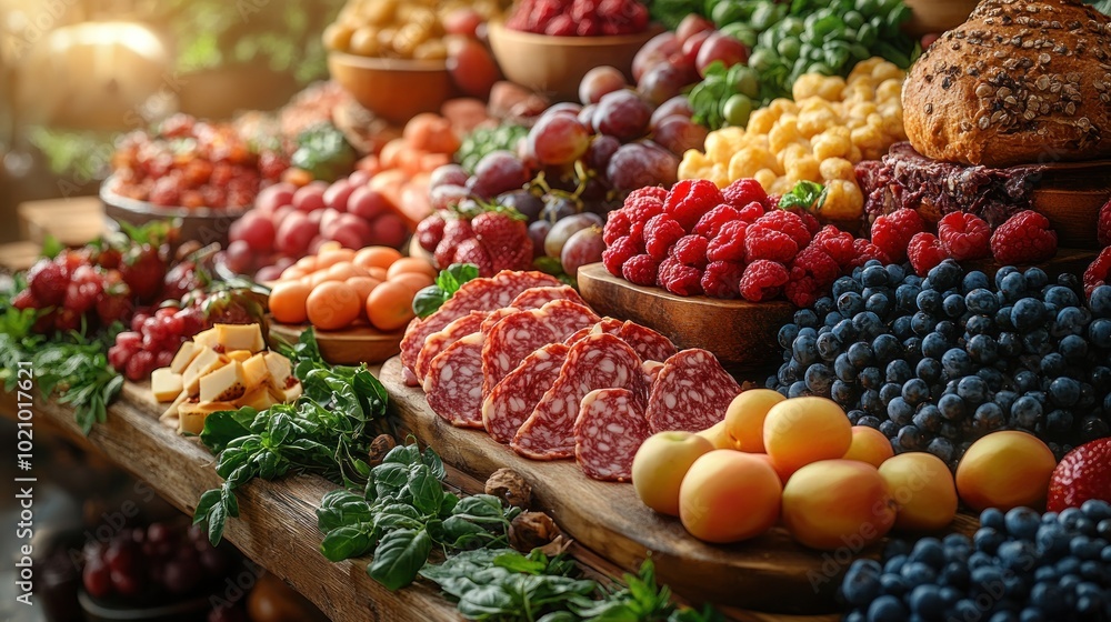A vibrant display of fresh fruits, vegetables, and charcuterie. A vibrant display of fresh fruits, vegetables, and charcuterie.