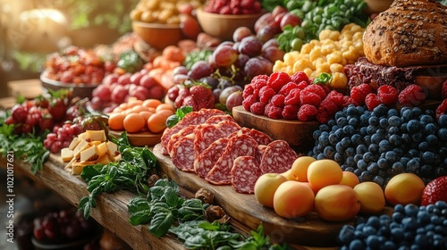 A vibrant display of fresh fruits, vegetables, and charcuterie.