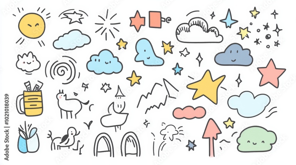 Cute hand-drawn doodles with whimsical shapes. Cute hand-drawn doodles with whimsical shapes.