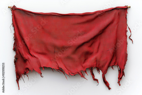This aged, red textile with frayed edges hangs dramatically against a stark white background, showcasing its distressed texture and rich historical feel.