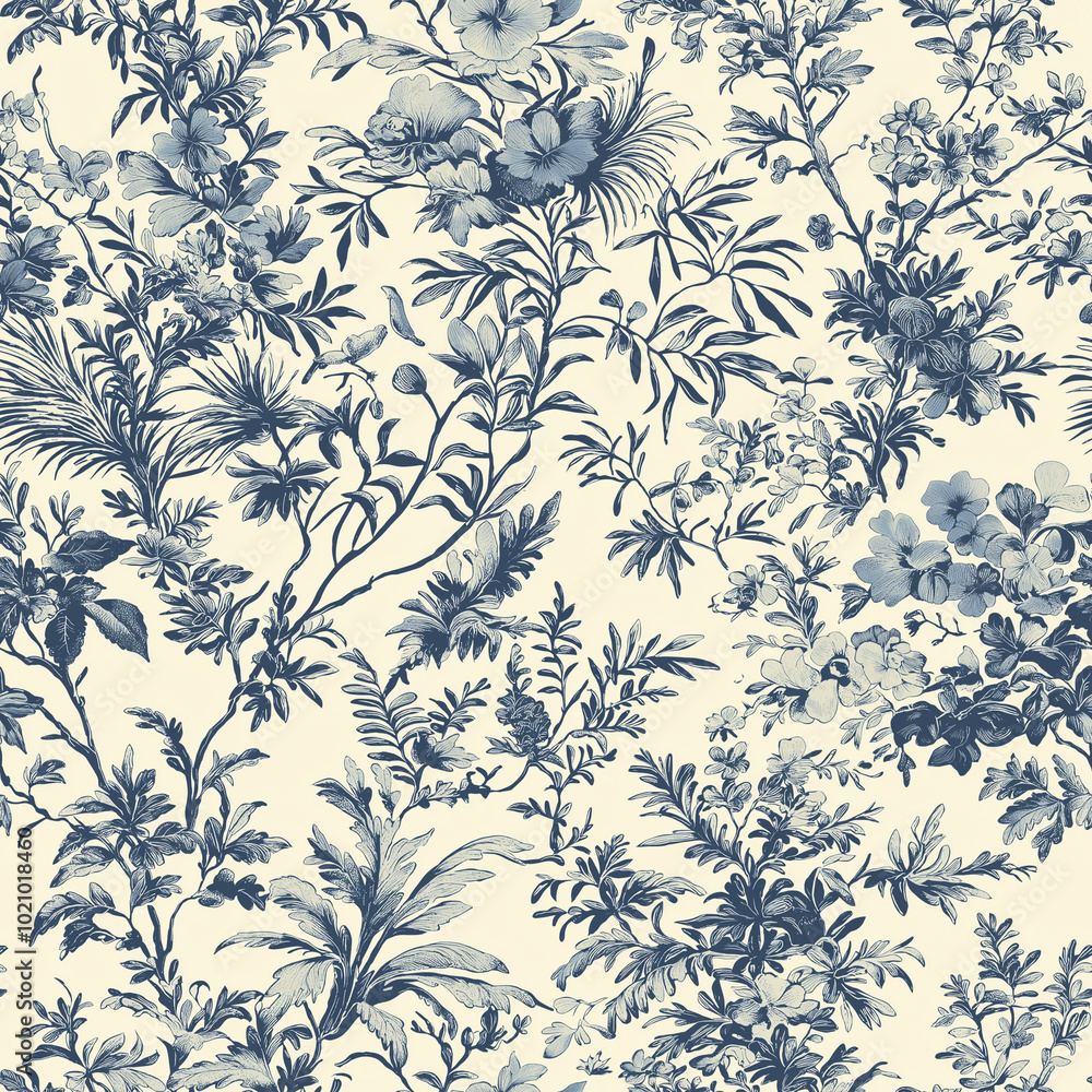 A Toile de Jouy seamless pattern of a vintage botanical garden filled with rare plants and flowers A Toile de Jouy seamless pattern of a vintage botanical garden filled with rare plants and flowers