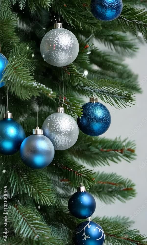 Elegant christmas tree with blue and silver ornaments on white background celebrating happy new year Elegant christmas tree with blue and silver ornaments on white background celebrating happy new year