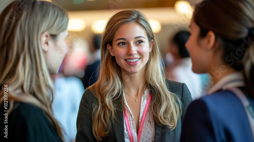 Smiling businesswoman talking to colleagues.