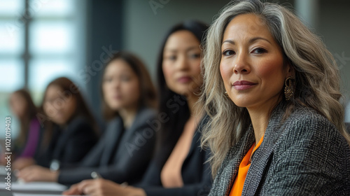 A confident Asian woman in a meeting with her colleagues.