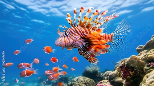 Vibrant Lionfish Swimming Among Coral Reef