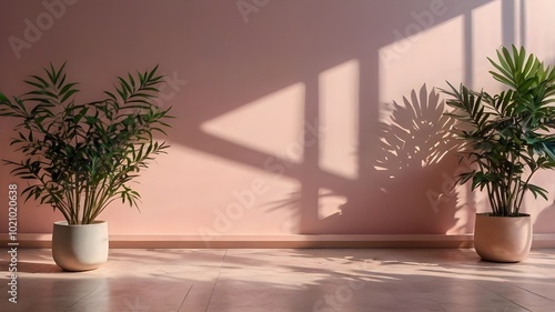 A plant pot on soft pink wall background with shadow windows for your wallpaper 