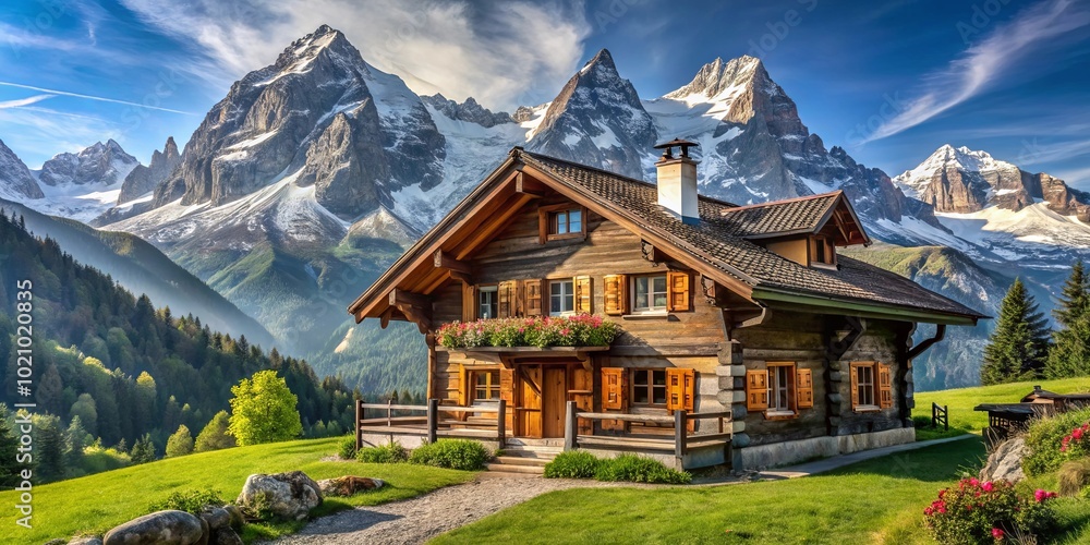 A Rustic Cabin Nestled Amidst Majestic Mountain Peaks, Adorned with Vibrant Blooms and Surrounded by Lush Greenery A Rustic Cabin Nestled Amidst Majestic Mountain Peaks, Adorned with Vibrant Blooms and Surrounded by Lush Greenery