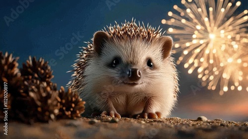 A cute hedgehog sits among pinecones, illuminated by colorful fireworks in a nighttime scene.