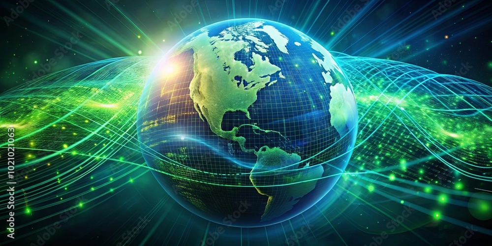 A luminous blue and green globe engulfed in shimmering digital waves, reflecting the interconnected nature of our world. A luminous blue and green globe engulfed in shimmering digital waves, reflecting the interconnected nature of our world.
