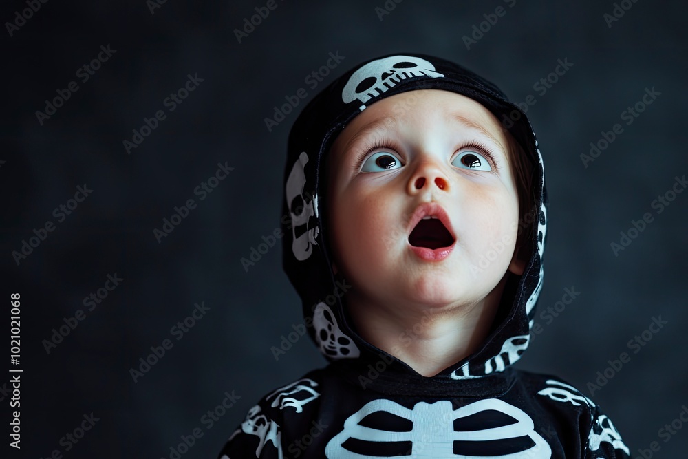 Fototapeta premium Cute little halloween boy with toy eyes looking up and open mouth with shocked and delight copy space wearing Halloween costume skeleton on dark background with space for text. with generative ai