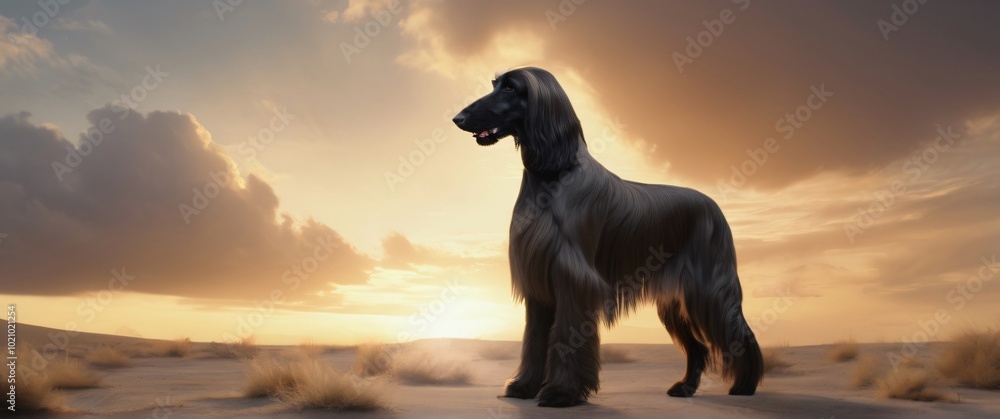 Afghan Hound canis Lupus dog closeup with sunset in background. Extremely detailed and realistic high resolution illustration Afghan Hound canis Lupus dog closeup with sunset in background. Extremely detailed and realistic high resolution illustration