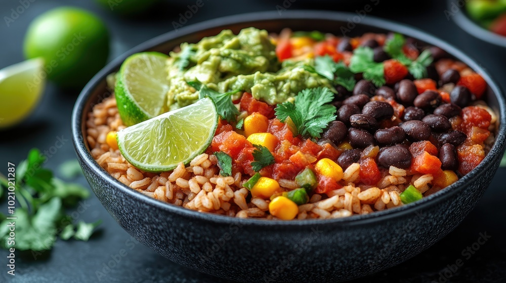 A hearty bean and vegetable burrito bowl with brown rice, black beans, salsa, and guacamole, garnished with lime wedges and cilantro A hearty bean and vegetable burrito bowl with brown rice, black beans, salsa, and guacamole, garnished with lime wedges and cilantro