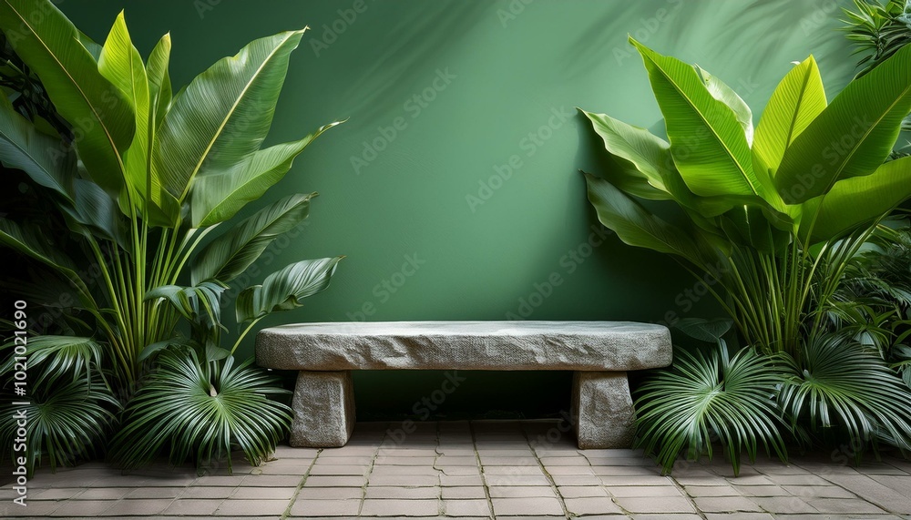 Stone bench in a lush garden Stone bench in a lush garden