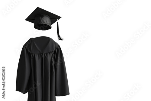 Black graduation gown and cap on white isolated background.