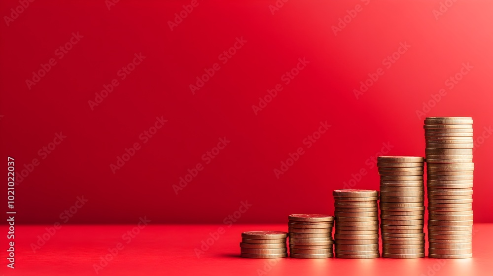 Stacked Coins On Red Background Representing Business Growth And Financial Success Stacked Coins On Red Background Representing Business Growth And Financial Success