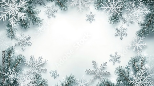 Frosty Christmas border with snowflakes and pine branches, evoking the cold and joy of new beginnings. A winter wonderland with copy space in the center.