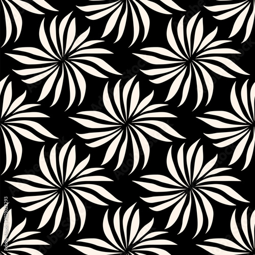 Simple black and white floral seamless pattern. Abstract vector background with flower silhouettes, leaves, petals, repeat tiles. Elegant monochrome botanical ornament texture. Repeated minimal design