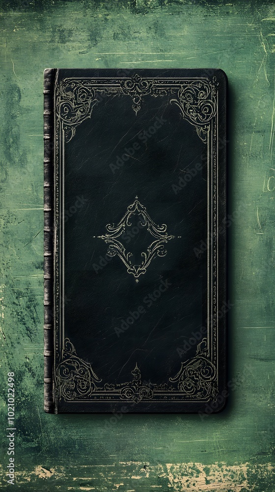 Fototapeta premium A black leather book with decorative borders