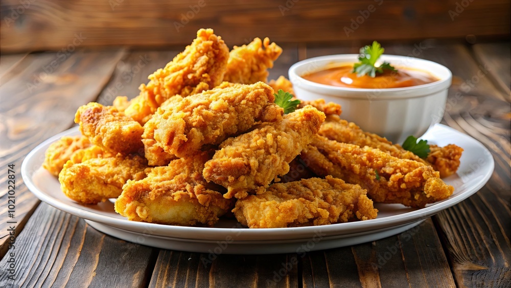 Golden-Brown Fried Chicken Tenders Served on a White Plate Beside a Bowl of Creamy Dip Golden-Brown Fried Chicken Tenders Served on a White Plate Beside a Bowl of Creamy Dip