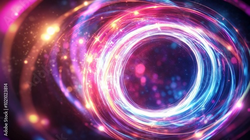 Dynamic neon sphere with swirling lines, glowing ring effect, vibrant motion, illuminated magic circle, creating an enchanting atmosphere in a futuristic setting