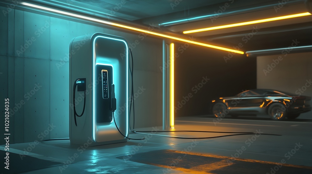 Electric Vehicle Charging Station with Neon Lights in a Garage Electric Vehicle Charging Station with Neon Lights in a Garage