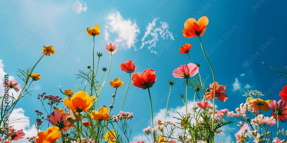 Floral Fusion Bright Blooms Against Azure Skies. Generative AI Floral Fusion Bright Blooms Against Azure Skies. Generative AI