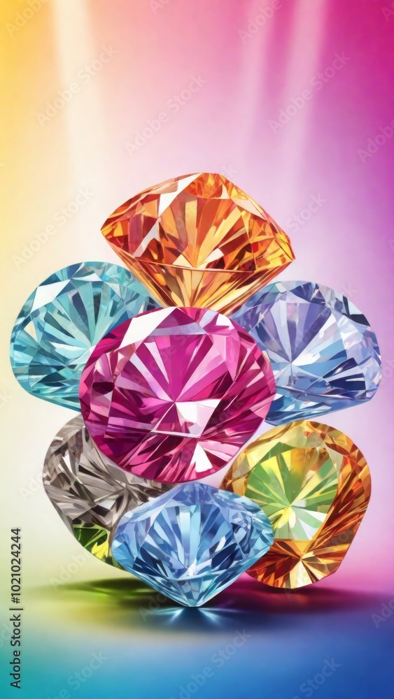 Fototapeta premium White shiny diamonds in a rainbow light background 
