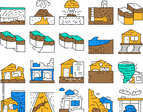 earthquake damage destruction icons set vector. quake disaster, map city, building country, danger tragedy, destroy people, construction earth earthquake damage destruction color Contour Illustrations