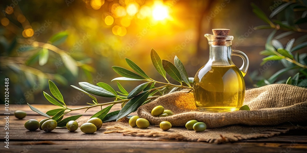 Golden Olive Oil in a Rustic Setting, Surrounded by Fresh Green Leaves and Ripe Olives, Bathed in Warm Sunlight Golden Olive Oil in a Rustic Setting, Surrounded by Fresh Green Leaves and Ripe Olives, Bathed in Warm Sunlight