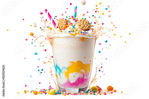 Colorful milkshake splashing with vibrant toppings and sprinkles against a white background. photo