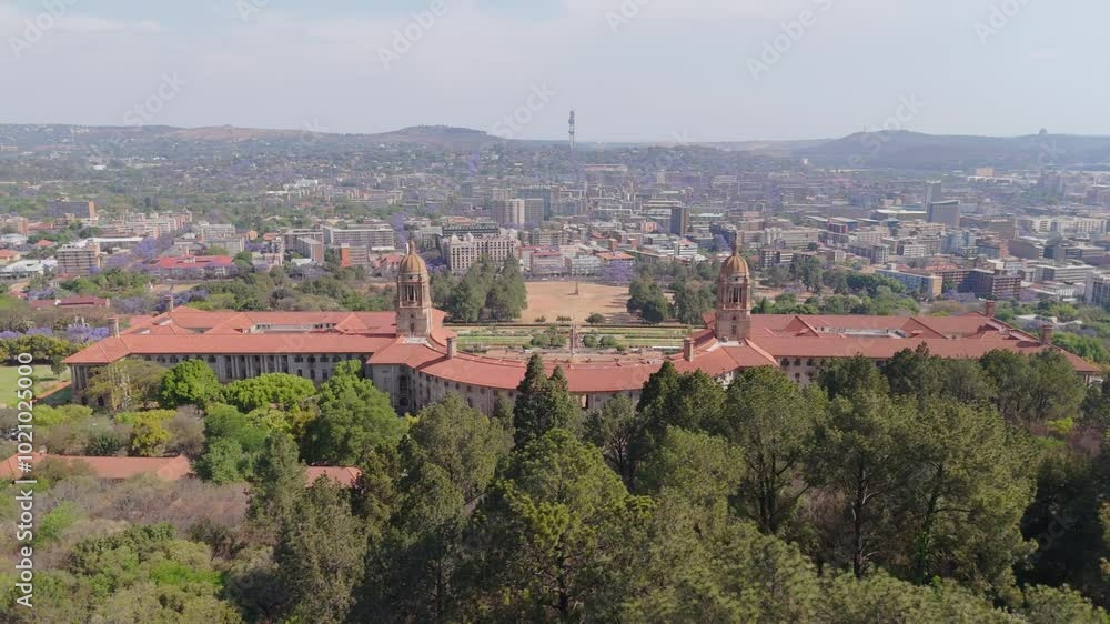 Orbit around Union Buildings, seat of government, overlooking Pretoria city centre with skyscrapers Orbit around Union Buildings, seat of government, overlooking Pretoria city centre with skyscrapers