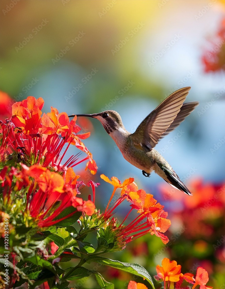 Naklejka premium Hummingbird feeding on flowers