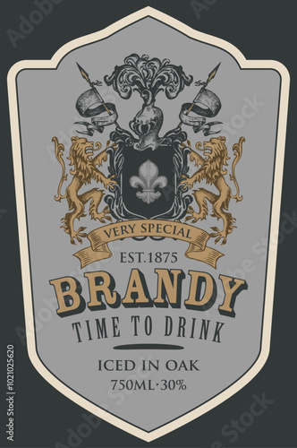 Hand-drawn banner or label for Brandy with coat of arms on an old paper background. Vector heraldic coat of arms in vintage style with lions, spears, knights helmet and fleur de lis on a shield