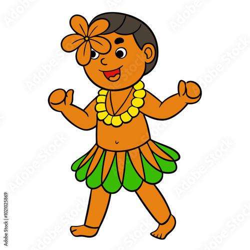 a man wearing a Traditional native  Hawaiian Clothing. He is dancing with flowers